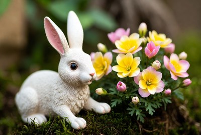 White bunny with yellow pink flowers