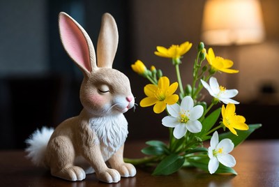 Bunny smelling flowers