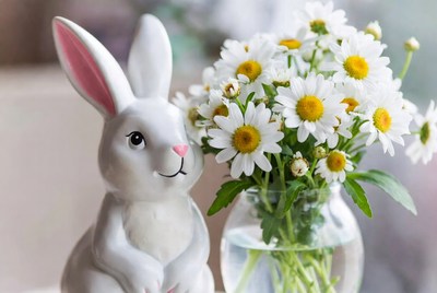 White bunny figurine with daisies