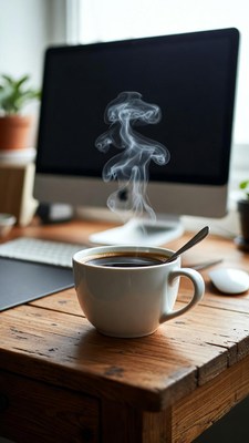 Steaming Coffee Cup on Wooden Desk