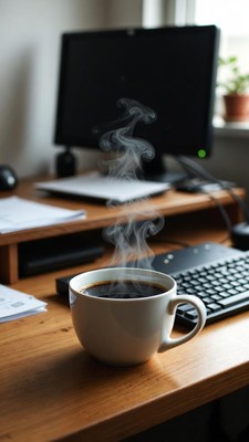 Steaming Coffee Cup on Wooden Desk