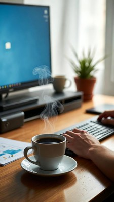 Hands typing on keyboard with coffee