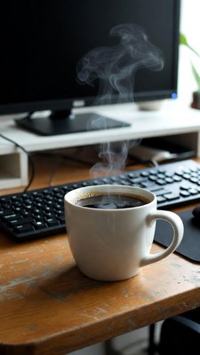Steaming Coffee Cup on Desk