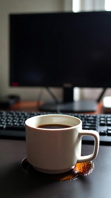 Coffee cup on desk by keyboard