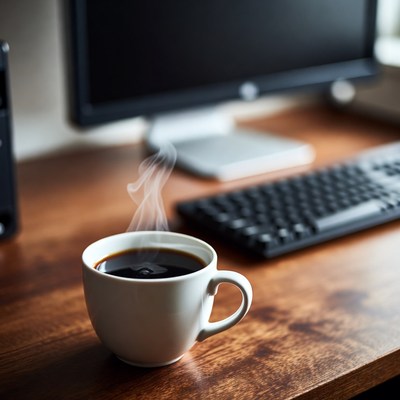 Hot Coffee Cup on Wooden Desk