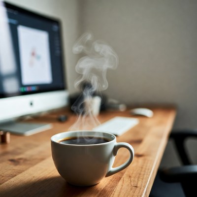 Steaming Coffee Cup on Desk