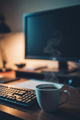 Coffee cup steaming by computer desk