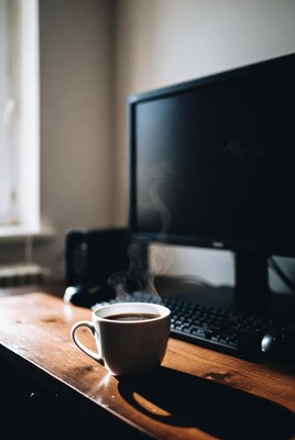 Steaming Coffee Cup by Computer Desk
