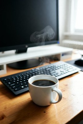 Steaming Coffee Cup on Desk