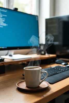 Steaming Coffee Cup on Desk with Monitors