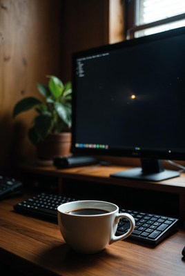 Coffee cup on desk by computer screen