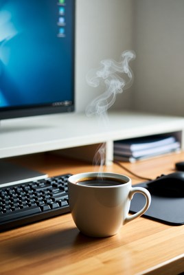 Steaming Coffee Cup on Desk