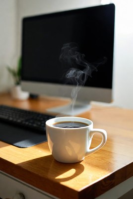 Steaming Coffee Cup on Desk