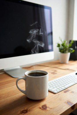 Steaming Coffee Cup on Wooden Desk
