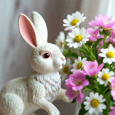 White bunny with daisies and pink flowers