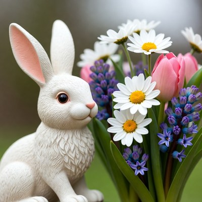 White bunny with daisies and tulips