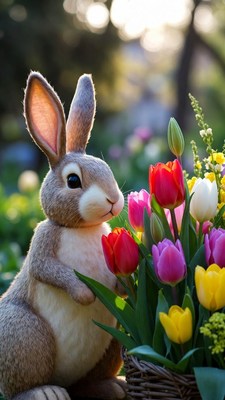 Fluffy Bunny Smelling Tulips in Basket