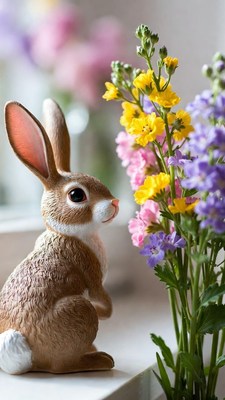 Brown bunny smelling flowers