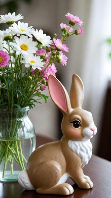 Brown bunny with daisies and pink flowers