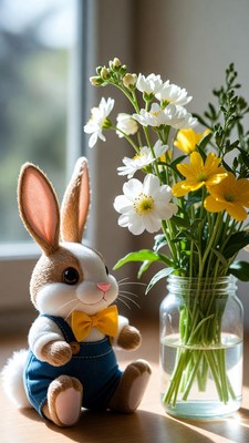 Plush bunny with daisies in jar