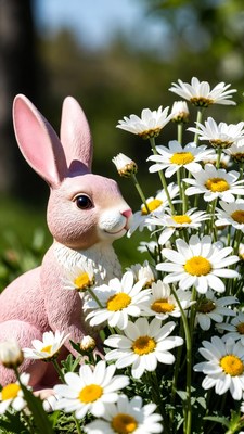 Pink bunny surrounded by daisies