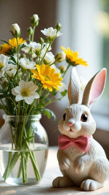 White bunny with daisies in vase