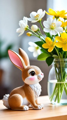 Cute bunny next to flowers