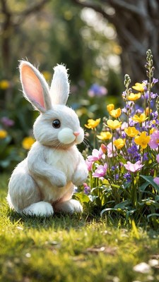 White bunny among yellow flowers