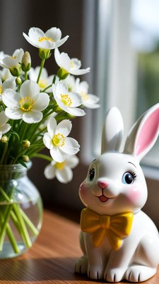 White Bunny with Anemone Flowers