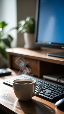 Steaming Coffee Cup on Desk