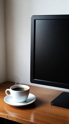 Coffee cup beside computer monitor
