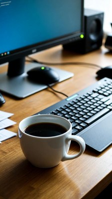 Coffee cup on desk by computer