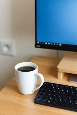 Coffee cup on desk by keyboard and monitor
