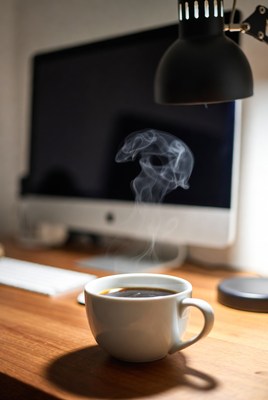 Steaming Coffee Cup on Wooden Desk