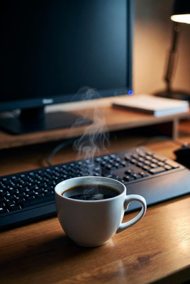 Steaming Coffee Cup on Desk
