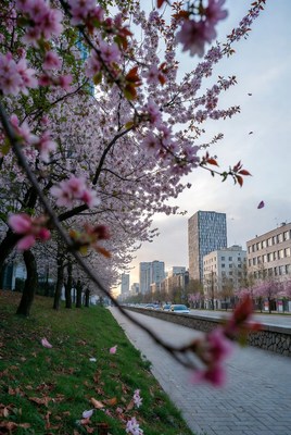 Cherry Blossoms Along Urban Street