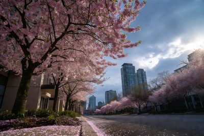 Cherry Blossoms Lining Urban Street
