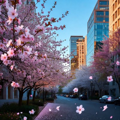 Cherry Blossoms Lining Urban Street