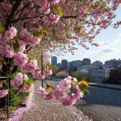 Cherry Blossoms Along Urban Street