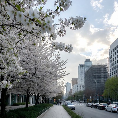 Cherry Blossoms Along Urban Street