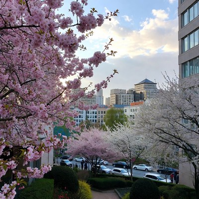 Cherry Blossoms Over Urban Street