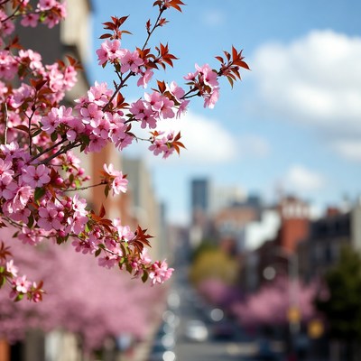 Pink Cherry Blossoms Over Urban Street