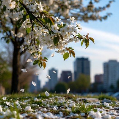 Cherry Blossoms Falling Over City Skyline