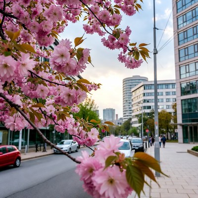Pink Cherry Blossoms Over Urban Street