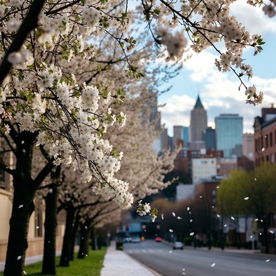 Cherry Blossoms Framing Manhattan Skyline