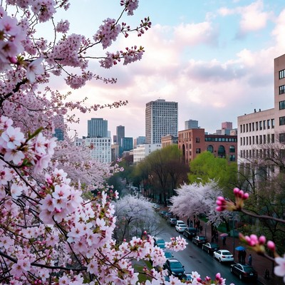 Cherry Blossoms Over City Street