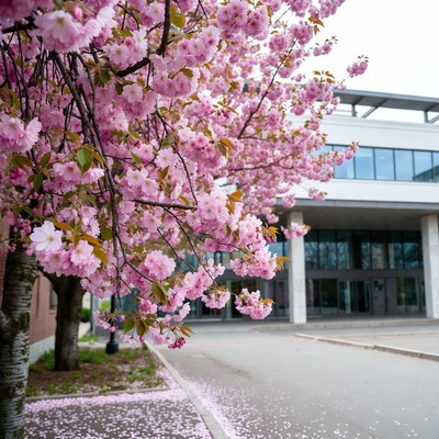 Cherry Blossom Tree by Modern Building