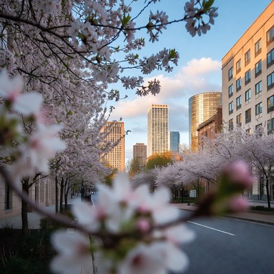 Cherry Blossoms Framing City Skyline