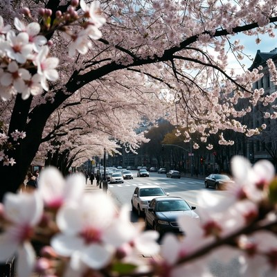 Cherry Blossom Tunnel Over Urban Street
