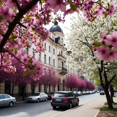 Pink Cherry Blossoms Lining Street